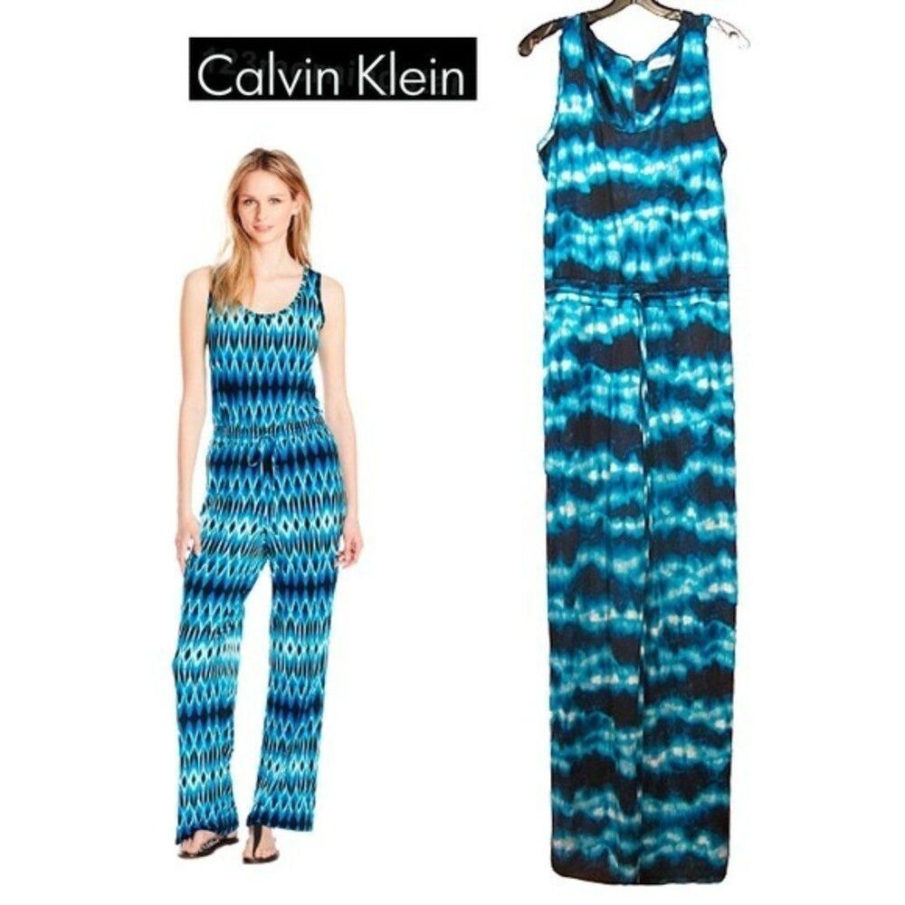 Calvin Klein NWOT Blue Aqua Tie Dye Wide Leg Drawstring Jumpsuit Size 12
